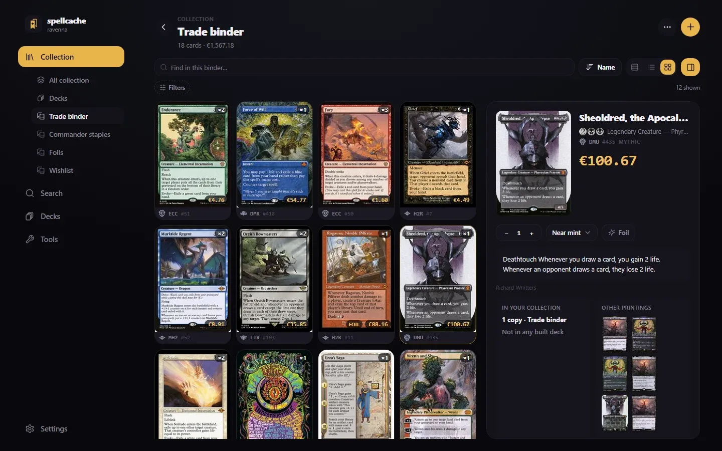 The collection screen on desktop