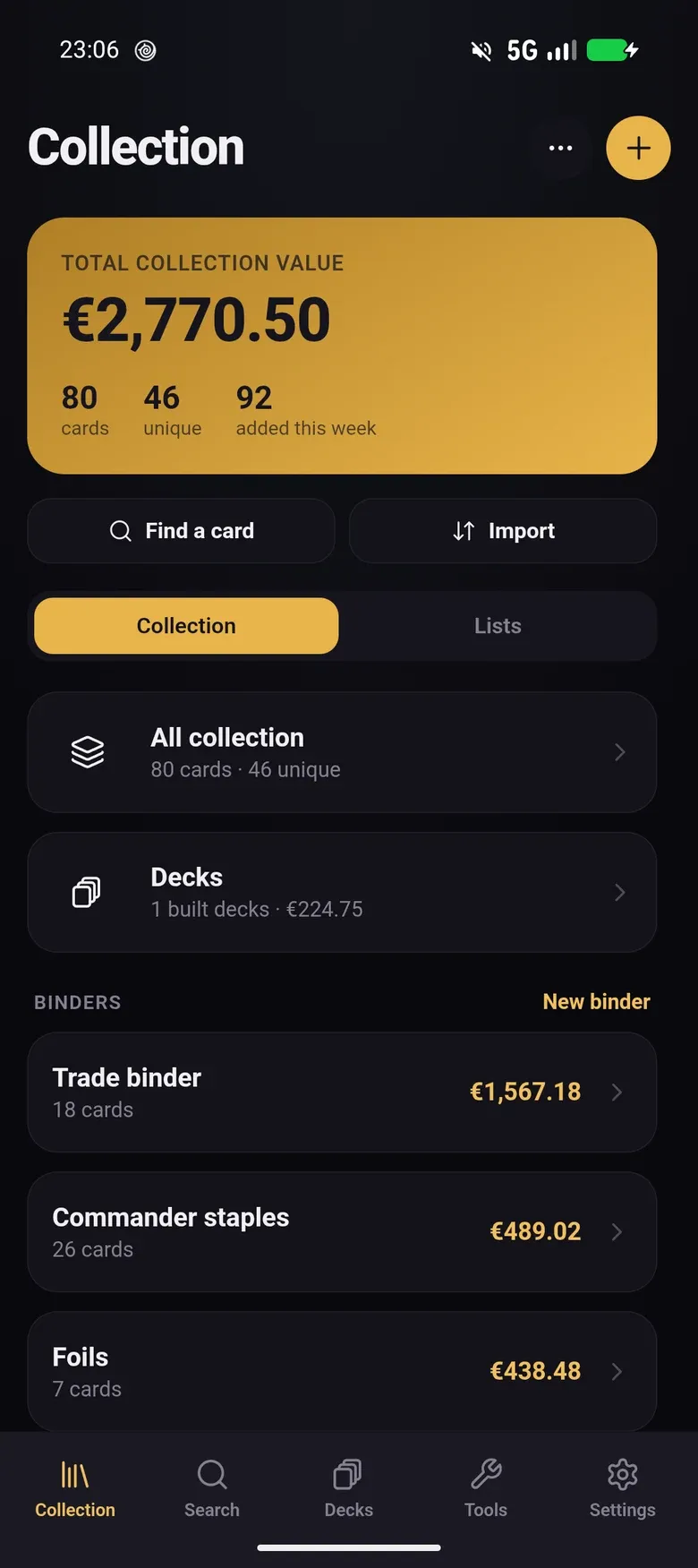 Collection screen on mobile