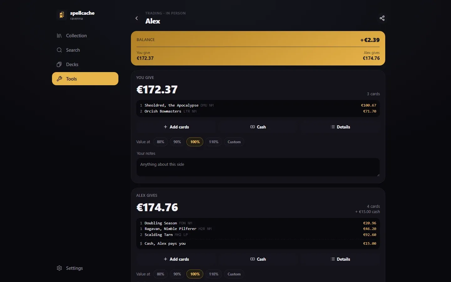 Trade screen on desktop