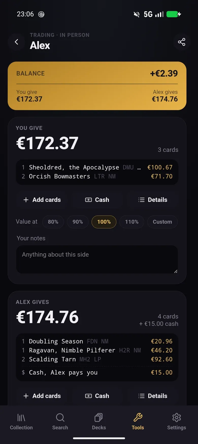 Trade screen on mobile